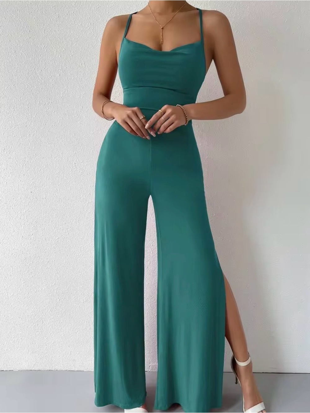 SHEIN Teal Wide-Leg Spaghetti Strap Jumpsuit